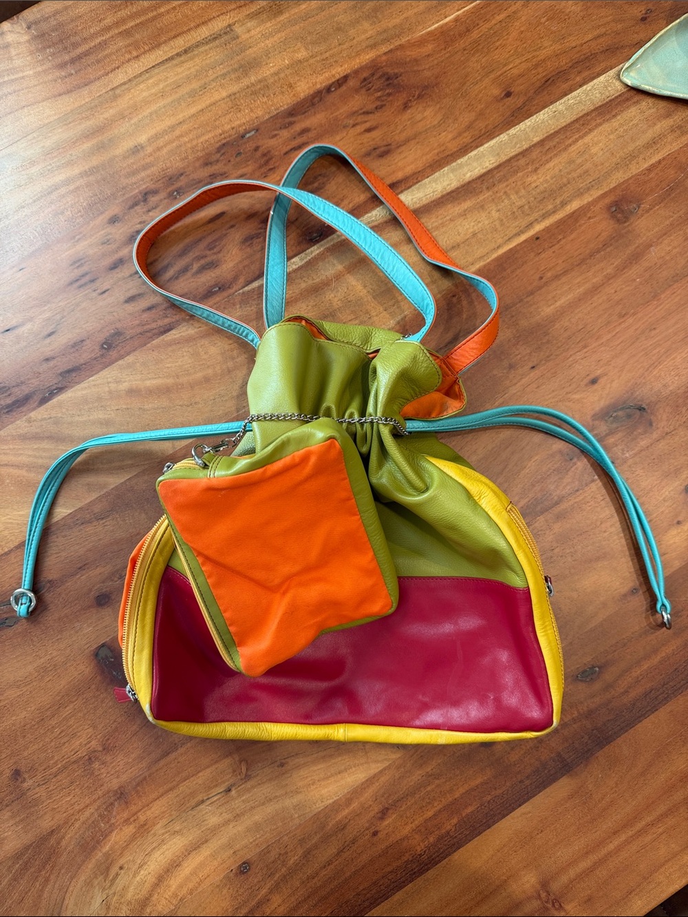 Genuine Leather Colorblock Drawstring Crossbody Bag - Multicolor